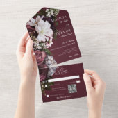 ダークエレガントブルゴーニュ&クリームフローラQRコード オールインワン招待状 (貼ってはがせる)