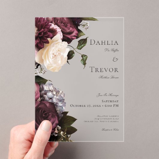 ダークエレガントブルゴーニュ&クリーム結婚フローラ アクリル招待状 (インサイチュ (ポータブル))