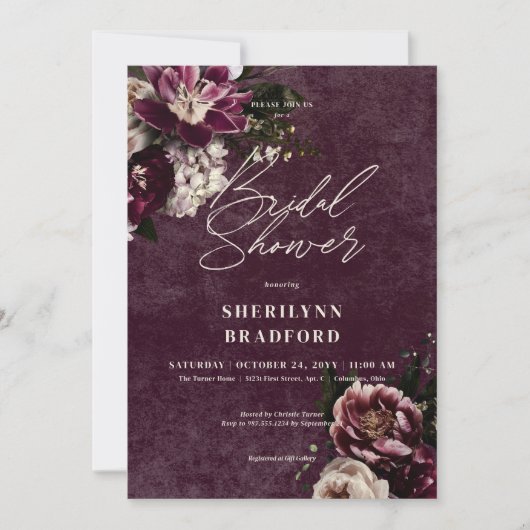 ダークエレガントブルゴーニュ&ホワイトフローラブライダルシャワー 招待状 (正面)