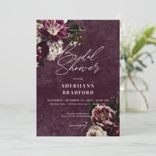 ダークエレガントブルゴーニュ&ホワイトフローラブライダルシャワー 招待状 (スタンド正面)