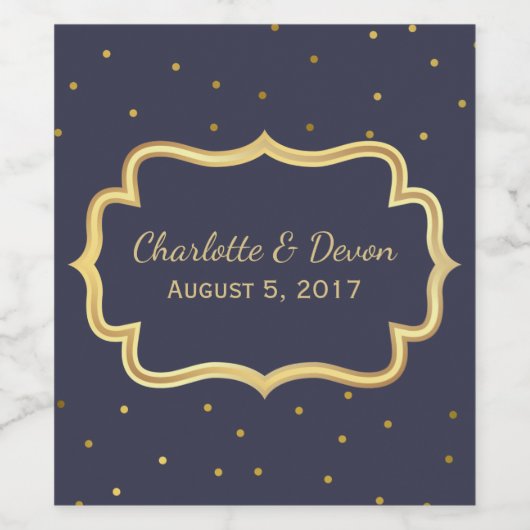 ダークエレガントブルーと金ゴールドの結婚ワインラベル ワインラベル (シングルラベル)