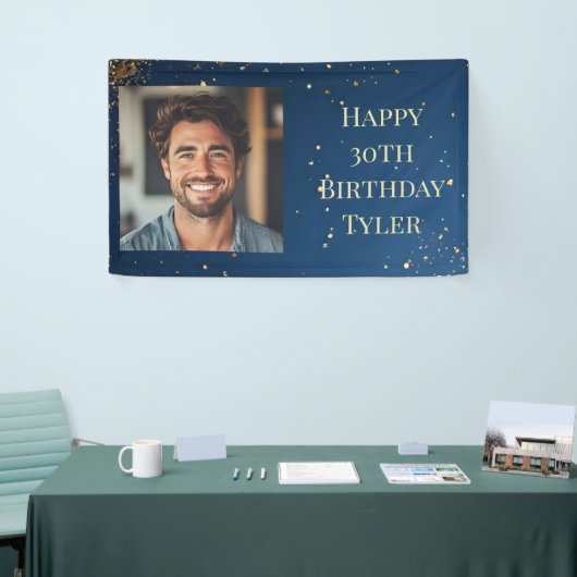 ダークエレガントブルーと金ゴールドフェイク誕生日 横断幕 (トレードショー)