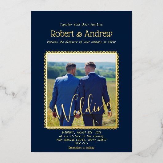 ダークエレガントブルーと金ゴールド-ゲイ結婚ズ 箔招待状 (正面)