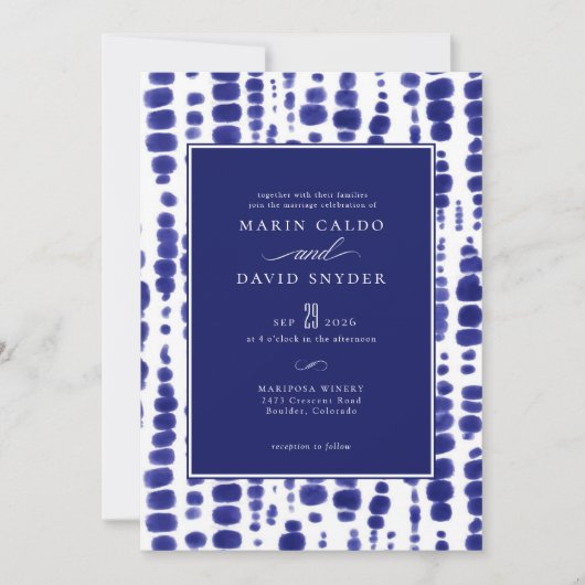 ダークエレガントブルーシボリ絞り染め結婚ズ 招待状 (正面)