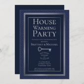 ダークエレガントブルーシルバー縁ど引っ越し祝いパーティーパーティー 招待状 (正面/裏面)