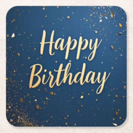 ダークエレガントブルー金ゴールド誕生日紙コースター スクエアペーパーコースター