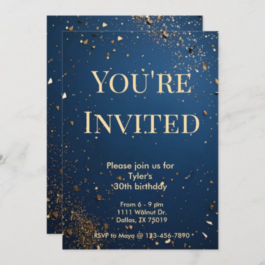 ダークエレガントブルー&フェイク金ゴールド誕生日招待状 招待状 (正面/裏面)