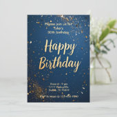 ダークエレガントブルー&フェイク金ゴールド誕生日招待状 招待状 (スタンド正面)