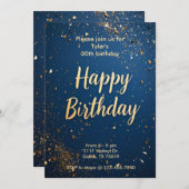 ダークエレガントブルー&フェイク金ゴールド誕生日招待状 招待状 (正面/裏面)