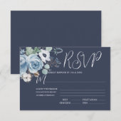 ダークエレガントブルー&ホワイトフローラウェディングRSVPカード 出欠カード (正面/裏面)