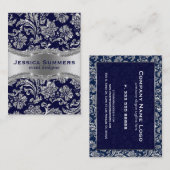 ダークエレガントブルー&メタリック銀フローラダマスク 名刺 (正面/裏面)