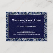 ダークエレガントブルー&メタリック銀フローラダマスク 名刺 (裏面)