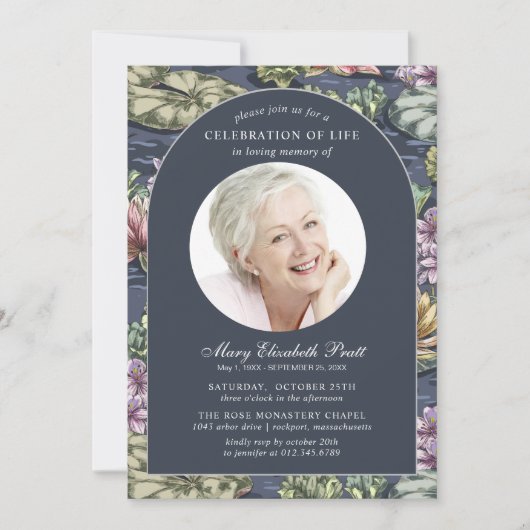 ダークエレガントブルー《植物》スイレン写真葬儀 招待状 (正面)