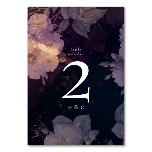 ダークエレガントボホフローラパープルバラ金ゴールド結婚ズ テーブルナンバー (正面)