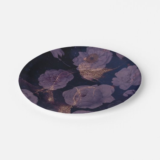 ダークエレガントボホーフローラパープルボタニカル結婚ズ ペーパープレート (アングル)