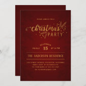 ダークエレガントレッドと金ゴールドクリスマスホリデーパーティー 招待状 (正面/裏面)