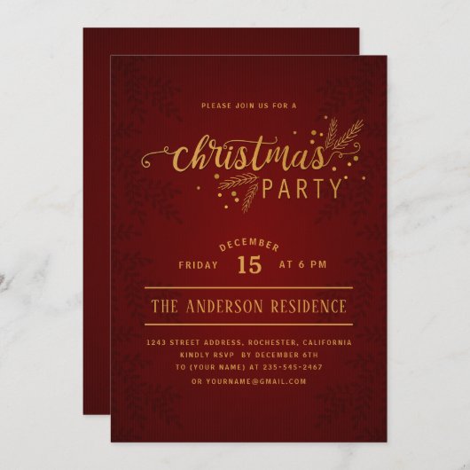 ダークエレガントレッドと金ゴールドクリスマスホリデーパーティー 招待状 (正面/裏面)
