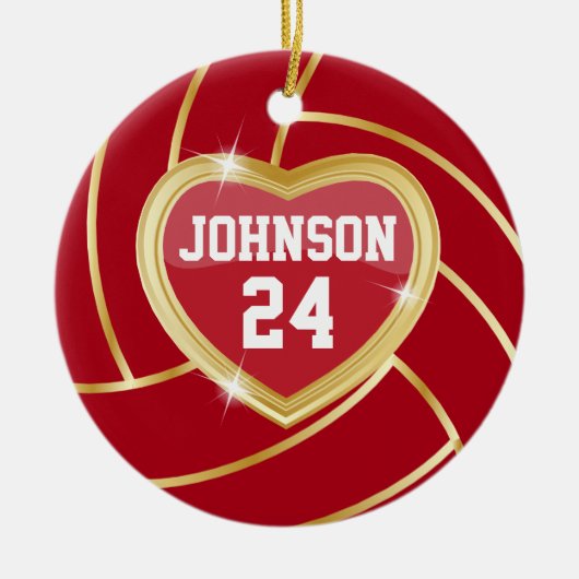 ダークエレガントレッドと金ゴールドバレーボール セラミックオーナメント (正面)