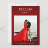 ダークエレガントレッド&金ゴールドミニマル写真結婚の サンキューカード (正面)