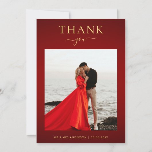 ダークエレガントレッド&金ゴールドミニマル写真結婚の サンキューカード (正面)