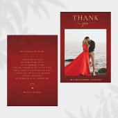 ダークエレガントレッド&金ゴールドミニマル写真結婚の サンキューカード