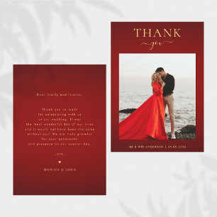 ダークエレガントレッド&金ゴールドミニマル写真結婚の サンキューカード