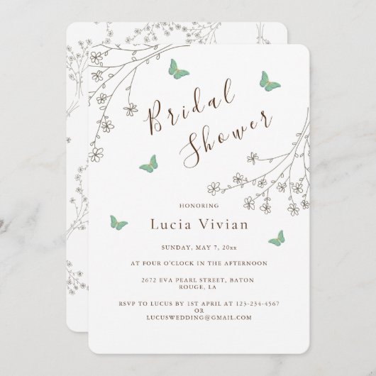 ダークエレガント金ゴールドバタフライブライダルシャワー 招待状 (正面/裏面)