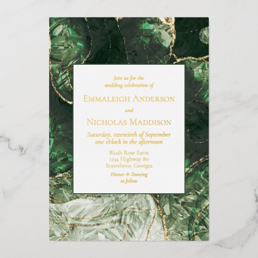ダークオリーブグリーンフェイクゲ結婚ムストーン 箔招待状 (正面)