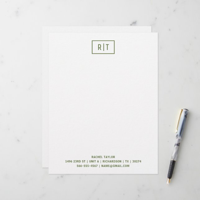 ダークオリーブグリーンモダンモノグラムシンプル レターヘッド (正面/裏面インサイチュ)