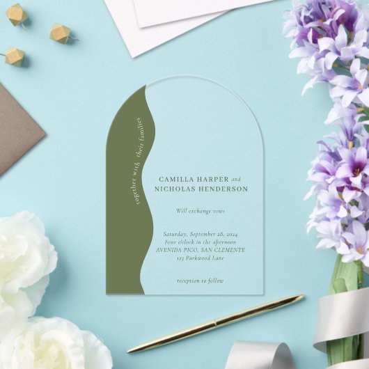 ダークオリーブモダングリーンウェー結婚ブレトロ アクリル招待状 (インサイチュ (ウェディング))