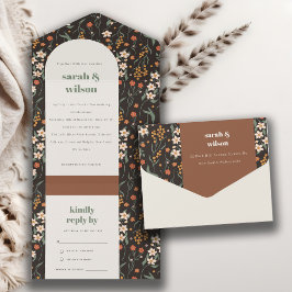 ダークオレンジグルーヴィレトロアーチフローラ結婚ズ オールインワン招待状