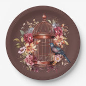 ダークオーバーンブラウン ピンク ブルー 鳥かご シャワー ペーパープレート (正面)