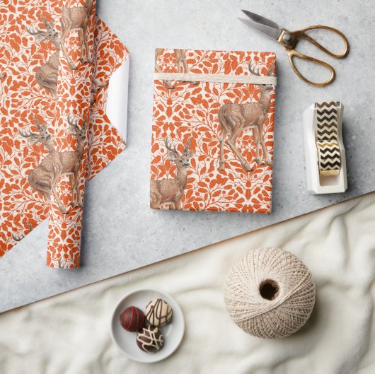 ダークオーランの装飾的なオークのダマスク模様の鹿 ラッピングペーパー (クラフト)