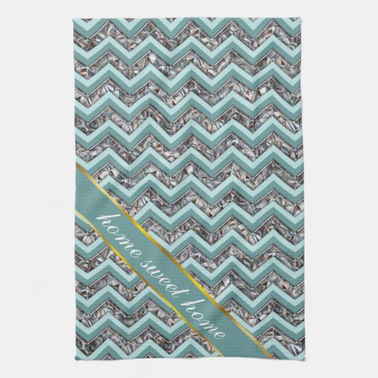 ダークカットガラスとティール(緑がかった色)ジグザグ キッチンタオル (縦)