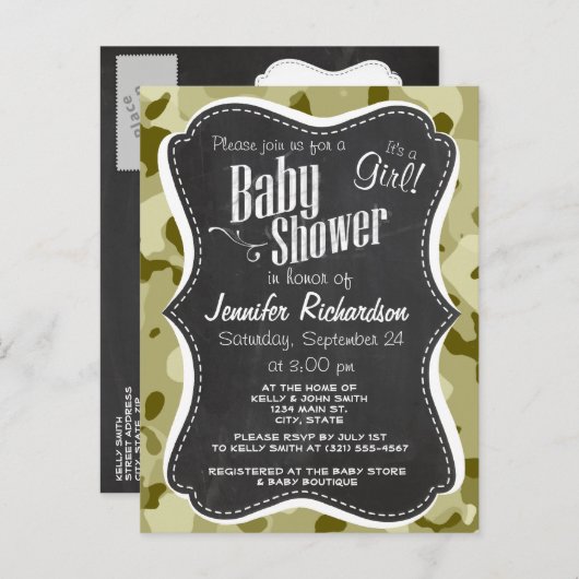 ダークカーキ迷彩柄;レトロシャルボードルック インビテーションポストカード (正面/裏面)