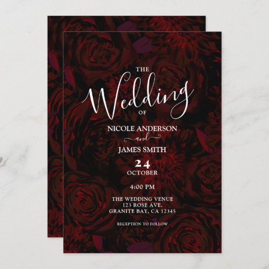 ダークガーデンレッドロマンチックな花グラム結婚ズ 招待状 (正面/裏面)