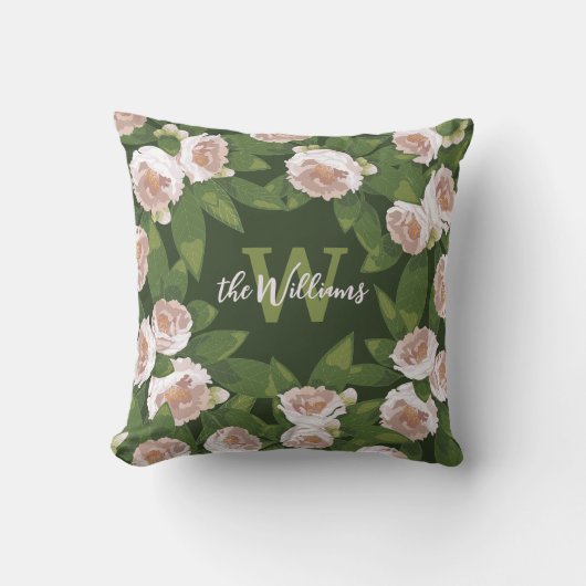 ダークガーデン調和：カメリアと緑 クッション (正面)