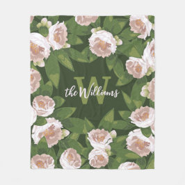 ダークガーデン調和：カメリアと緑 フリースブランケット