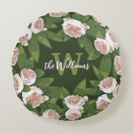 ダークガーデン調和：カメリアと緑 ラウンドクッション