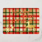 ダーククラシックグリーンレッドプレイド金ゴールド上のトナカイ 箔シーズンカード (正面)