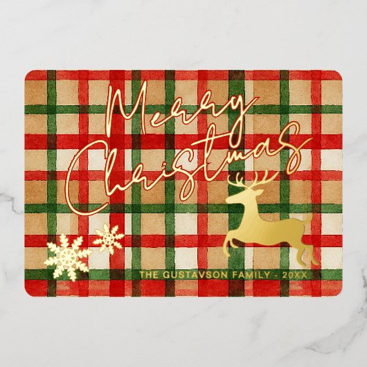 ダーククラシックグリーンレッドプレイド金ゴールド上のトナカイ 箔シーズンカード (正面)