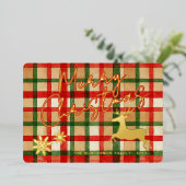 ダーククラシックグリーンレッドプレイド金ゴールド上のトナカイ 箔シーズンカード (立ち正面)