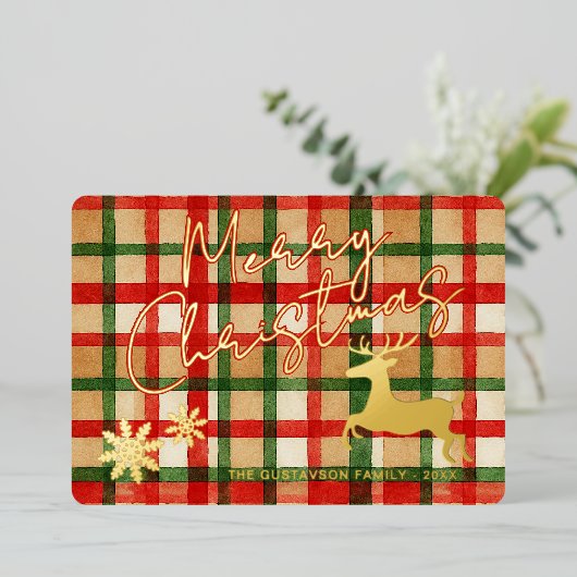 ダーククラシックグリーンレッドプレイド金ゴールド上のトナカイ 箔シーズンカード (立ち正面)