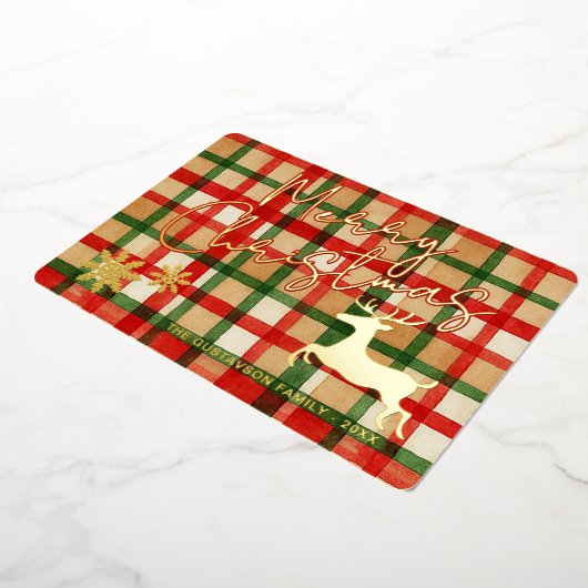 ダーククラシックグリーンレッドプレイド金ゴールド上のトナカイ 箔シーズンカード (回転した状態)