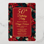 ダーククリスマスホリデーフローラル50歳の誕生日パーティー 箔招待状 (正面)