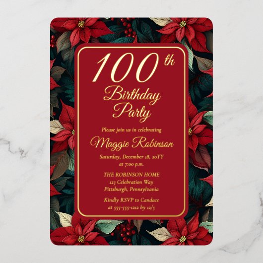 ダーククリスマスホリデーフローラ100thバースデーパーティー 箔招待状 (正面)