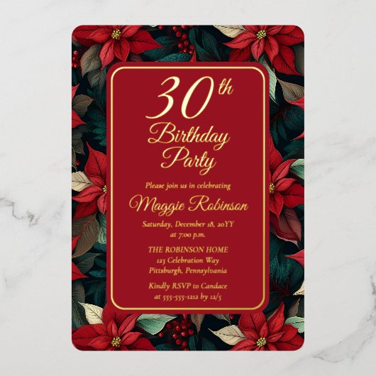 ダーククリスマスホリデーフローラ30th誕生日パーティー 箔招待状 (正面)