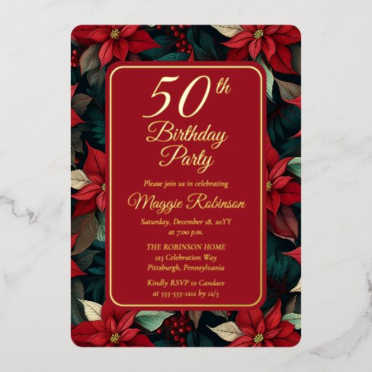 ダーククリスマスホリデーフローラ50thバースデーパーティー 箔招待状 (正面)