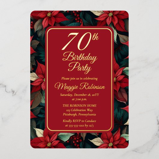 ダーククリスマスホリデーフローラ70thバースデーパーティー 箔招待状 (正面)