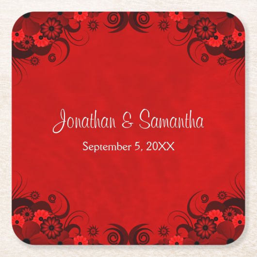 ダーククリムゾンレッドフローラゴシックスクエア紙コースター スクエアペーパーコースター (正面)